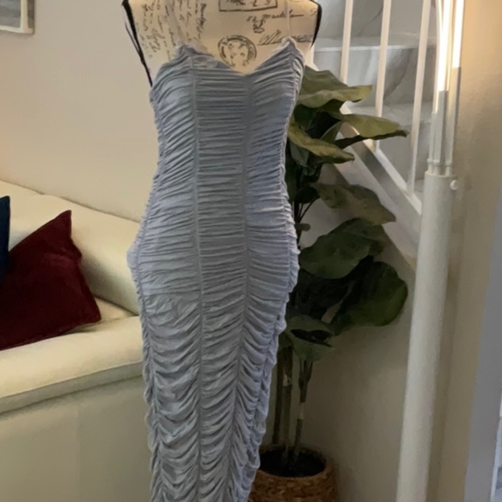 Marina light blue ruched midi dress, size L